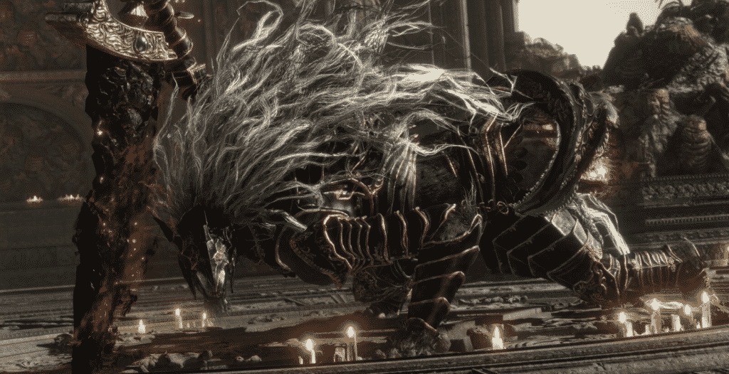 the image shows a large, armored creature with long white hair, crouched on all fours within a dark, gothicstyle environment. the creature, likely a boss from a video game given its imposing stance and the surrounding environment, is illuminated dramatically from the front, leaving its back shrouded in shadow. the setting suggests a castle interior, with stone flooring and hints of ornate architecture in the background.