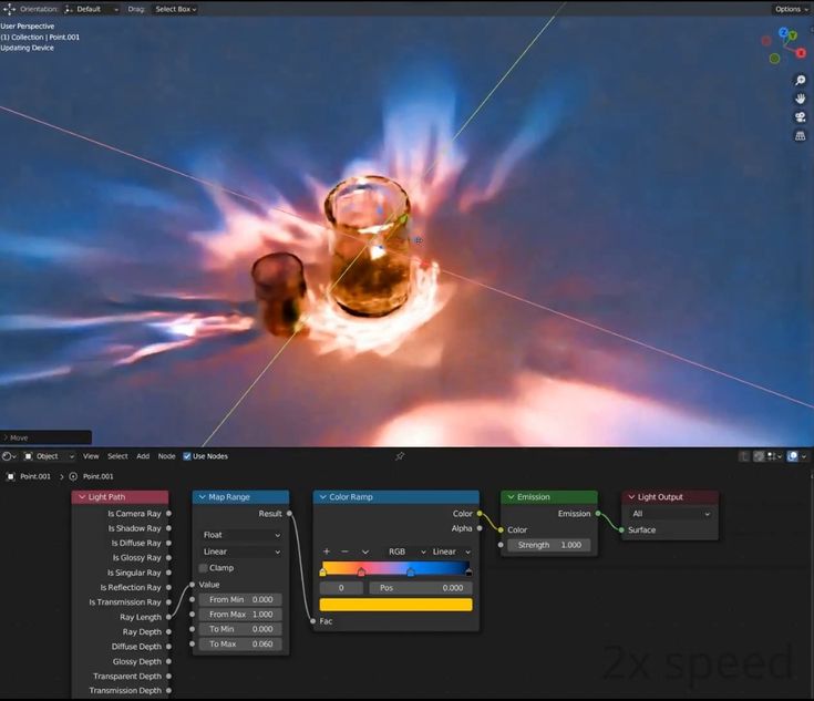 the image shows a screen capture of blender, a 3d modeling and rendering software, with a nodebased material editor set up. the scene features glass objects illuminated with complex light effects, including shadows and reflections. the node setup includes a "light path" node, a "map range" node, a "color ramp" node, an "emission" node, and a "light output" node, demonstrating a procedural approach to controlling the light and material properties of the rendered scene. the user interface indicates that the focus is on the "point.001" object.