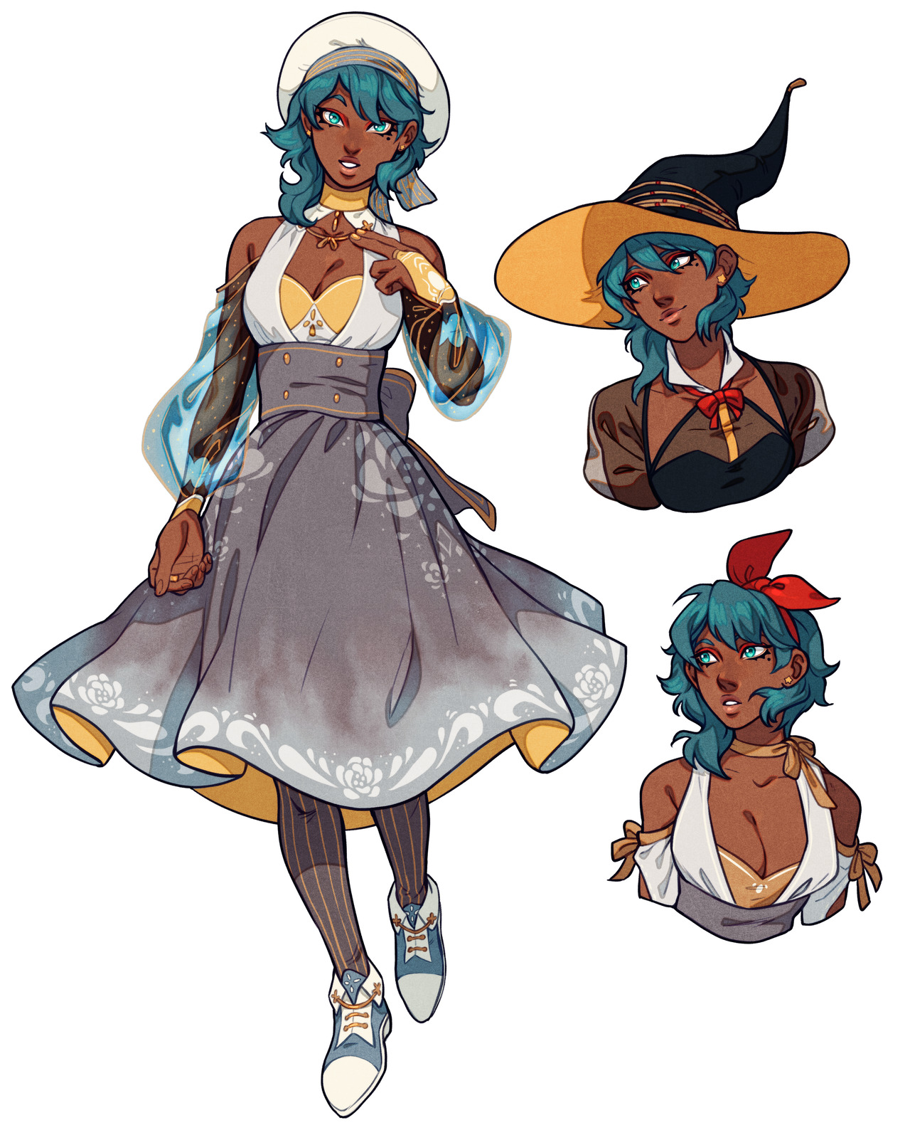 a digital illustration of a black woman designed with slight fantasy elements. she is shown in three different ways: a full body illustration, a bustup with a large witch hat, and another bustup with her hair tied up with a red ribbon.  she has blue hair, teal eyes, and is wearing different versions of a white, gray, and yellow dress. some illustrations show her with translucent blue sleeves.