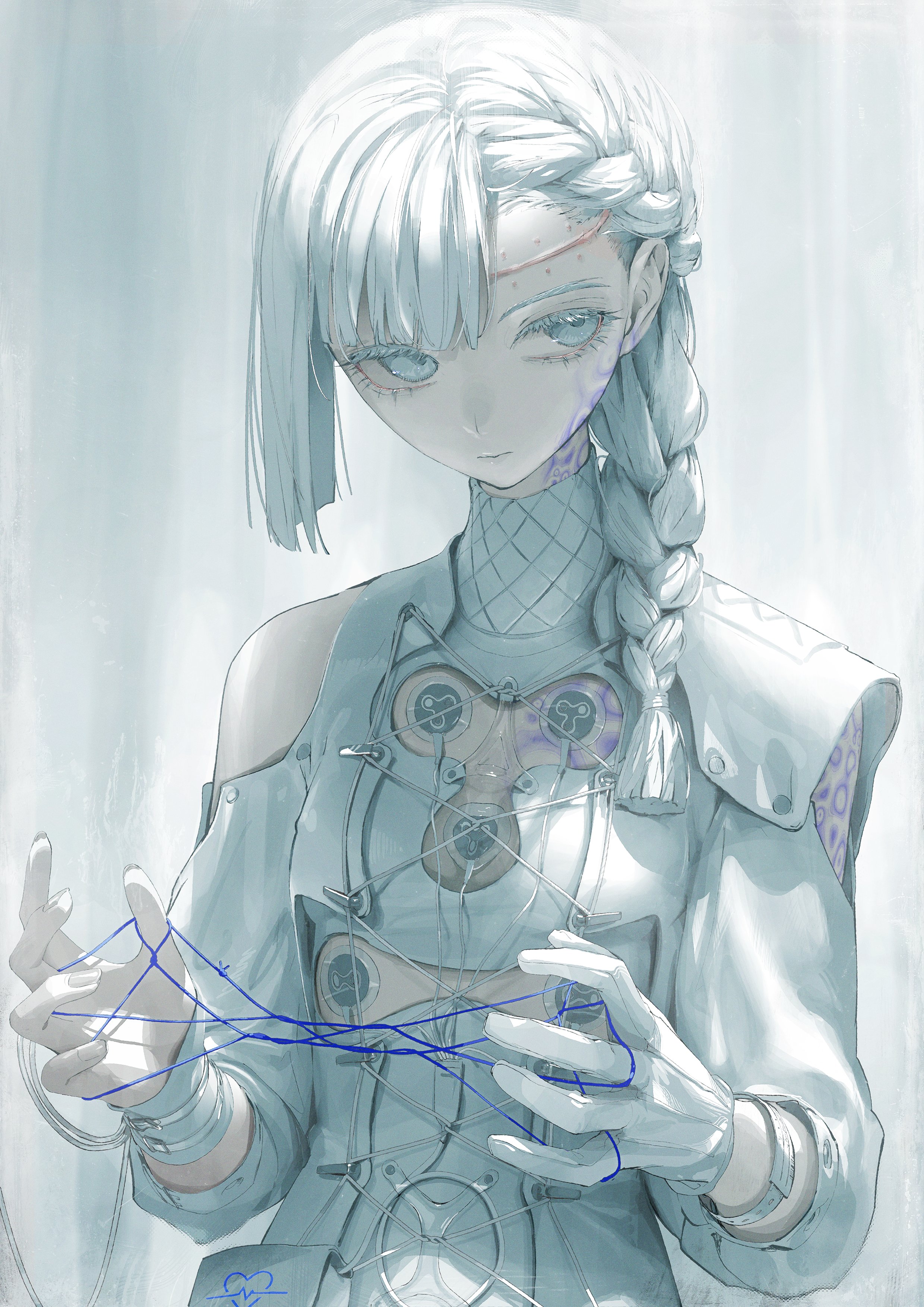 a digitally painted image of a whitehaired anime girl, with a cybernetic chest, a braid, and blue eyes. she is holding a blue string in her hands, with the string tied around her fingers. she is wearing a white, futuristic outfit.  she is looking down at the string, with a serious expression on her face.