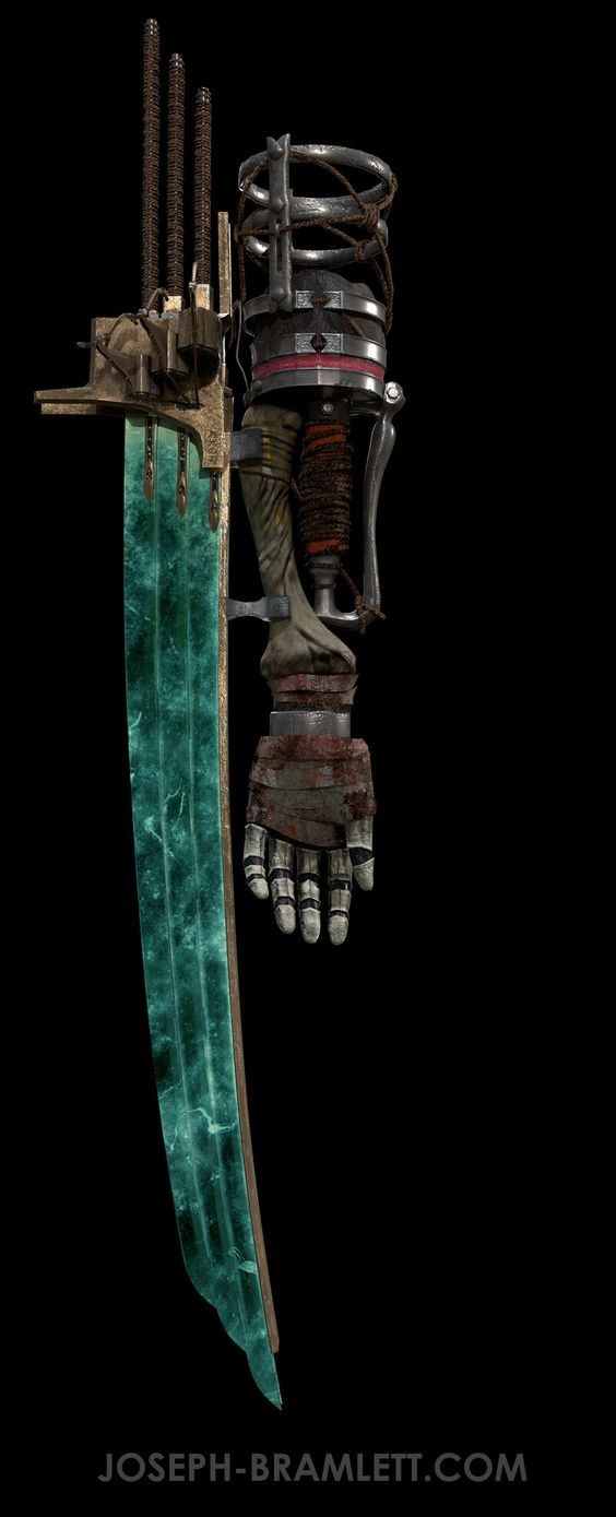this is a digital art of a sword with a robotic hand attached to it. the sword has a long, curved blade with a tealcolored edge. the hand is made of metal and has four fingers and a thumb. the hand is attached to the sword by a series of gears and wires. the background is black.