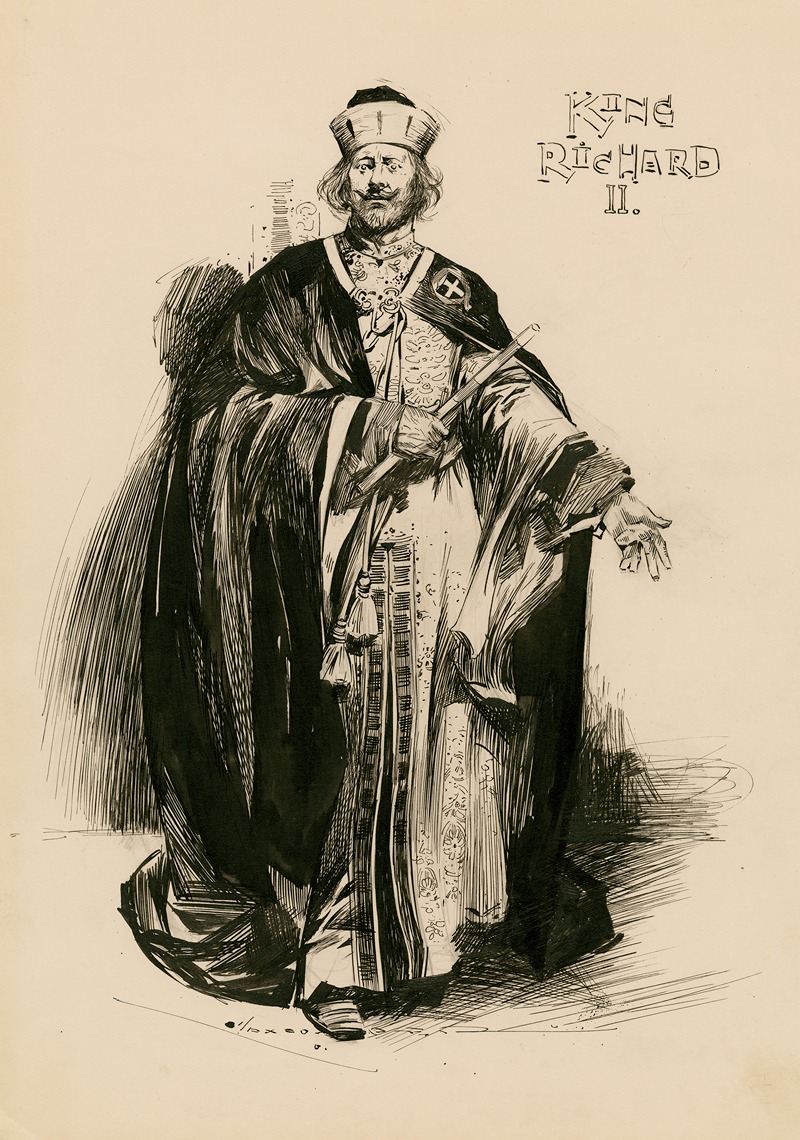 an illustration of king richard ii stands in royal attire. he has a beard and mustache. the drawing showcases his crown, royal robe, and a sword. "king richard ii" is written above the figure.