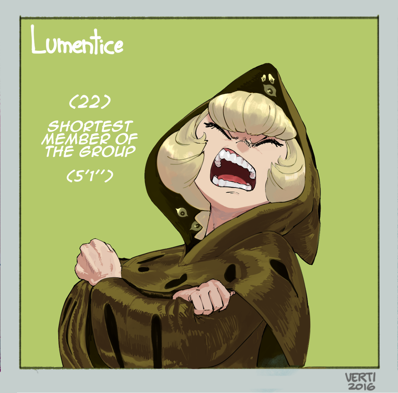 this illustration shows a short, angry anime girl with sharp teeth and closed eyes, shouting. she is wearing a brown hood with a green cape. the background is a light green. the girl appears to be frustrated.  the text describes her as the shortest member of the group.
