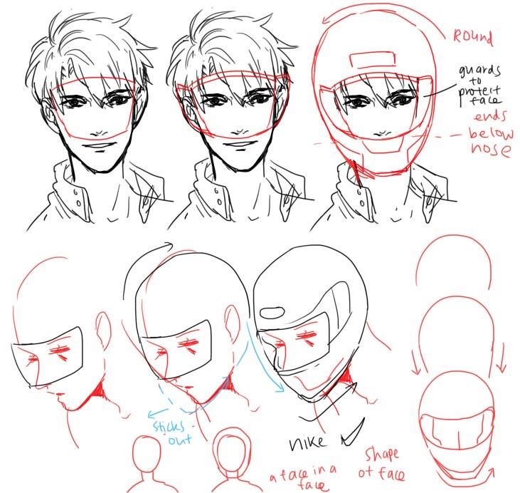 the image is a drawing tutorial showing how to draw a character's face, specifically focusing on how the shape of a motorcycle helmet affects the underlying facial structure.  it starts with two basic animestyle male faces, then illustrates how to draw a round helmet that protects the face, and shows how the helmet's shape influences the visible parts of the face. the tutorial uses red lines to indicate the helmet's shape and position, and guides the viewer through different stages of drawing the face with and without the helmet. additional sketches show variations in helmet design and simplified head shapes to help with proportion and perspective.  the final portion illustrates how the shape of the face influences the way a helmet might sit and fit.