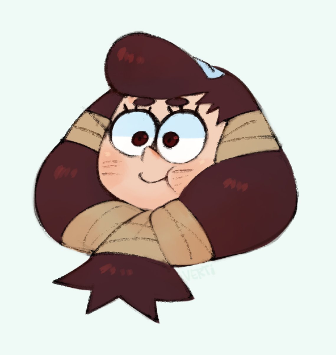a cartoon illustration of a young anime girl with brown hair tied up, big eyes, a smile and rosy cheeks. she is tied up with brown string and is looking at the viewer with a friendly and playful expression. the background is a light blue.