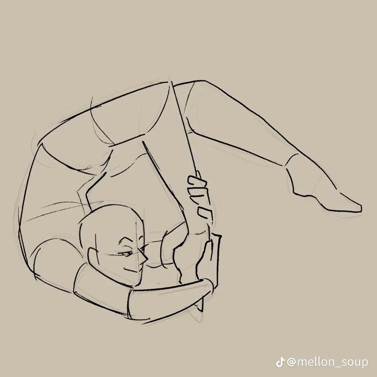 a line art drawing of a person contorting their body. their legs are bent, with one leg going over their head. they're looking up.