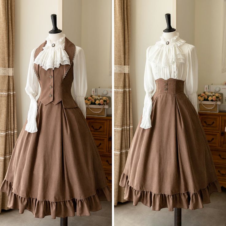 the image showcases a charming brown lolitastyle dress displayed on mannequins. the dress features a flowing skirt with elegant ruffles at the hem, a fitted bodice, and a detachable white blouse with a ruffled collar and long sleeves. the dress exudes a vintageinspired aesthetic, drawing inspiration from victorian fashion.