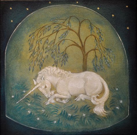 a painting of a white unicorn curled up and sleeping under a tree. the scene is set against a dark background with small white stars scattered around the edges. the unicorn has a long, spiraled horn and a flowing mane and tail. the tree has a bare trunk with delicate leaves hanging down. small white flowers are scattered in the grass around the unicorn. the entire image is presented in a domed shape, like looking through a peephole.