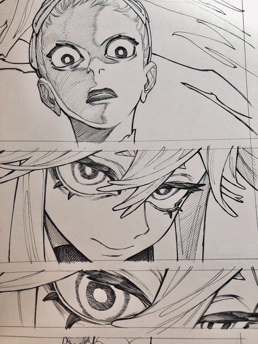 this image shows a closeup of a manga character's face, drawn in black and white. the character is a young woman with large eyes and a surprised expression. the drawing is highly detailed, with careful shading and lines that create a sense of depth and texture. the character's facial expression suggests that she is experiencing a moment of fear or shock.  the image is reminiscent of a classic manga style, with its use of dramatic poses and exaggerated facial features.