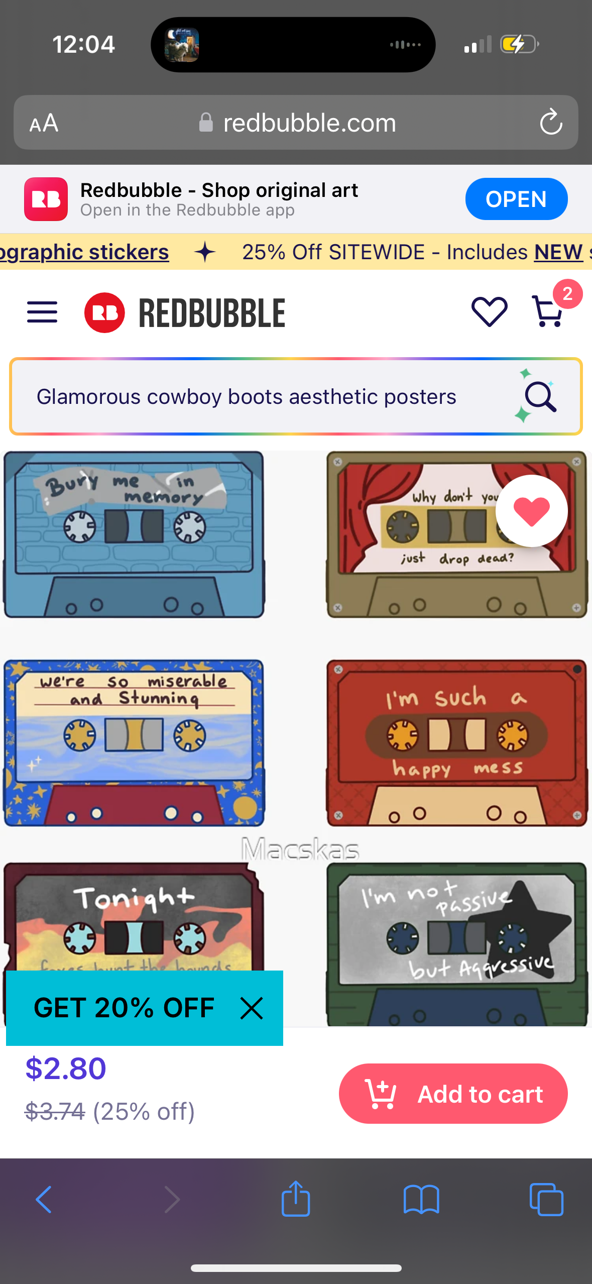 the image is a screenshot of a mobile phone screen showing a red bubble storefront. the storefront is showcasing "glamorous cowboy boots aesthetic posters" which are designed as colorful cassette tapes. the sale is 25% off sitewide. the image is on a white background with a black and gray phone frame around the content. the image features a "get 20% off" button and an "add to cart" button.