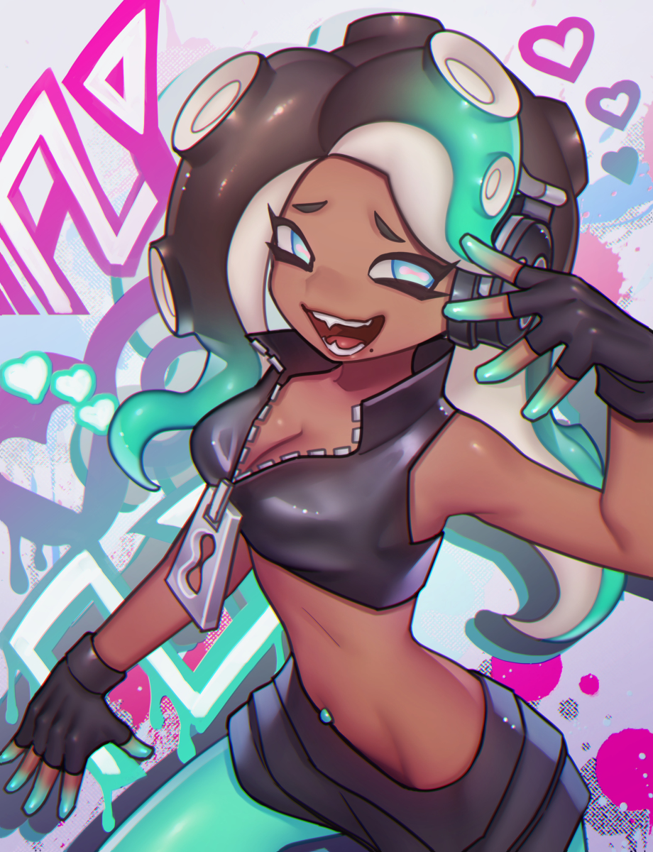 this stylized illustration depicts marina, a popular character from the splatoon video game series, posing against an abstract graffitilike background. she's wearing her signature outfit  a black crop top, black fingerless gloves, and turquoise pants. her vibrant green hair and sharp teeth are on full display as she grins mischievously at the viewer, holding up a peace sign.  the color palette is bright and energetic, further emphasizing her playful and confident personality.