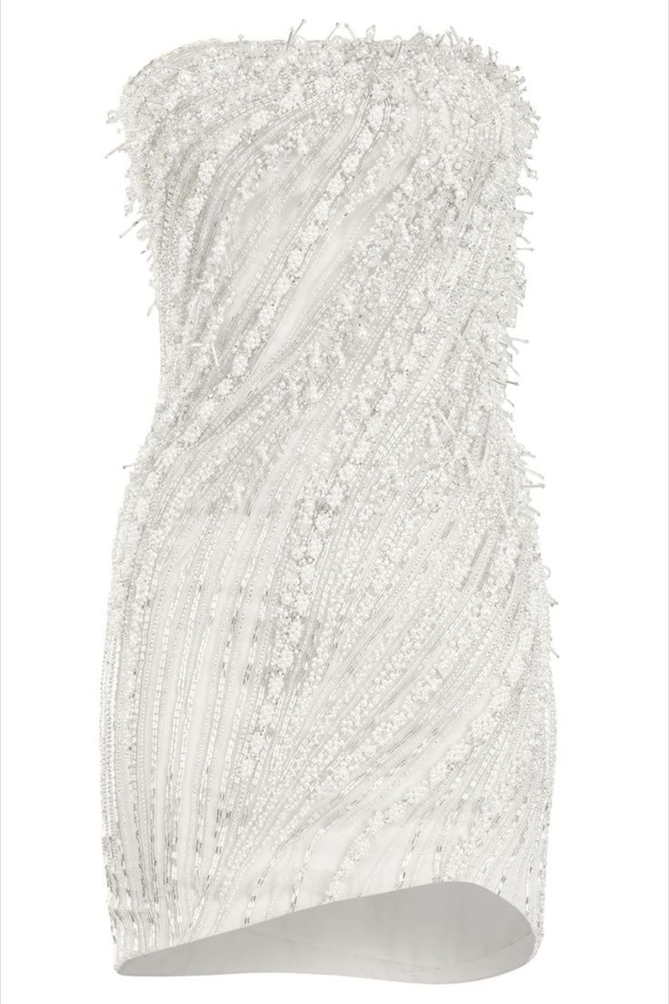 a strapless, white mini dress covered in intricate beadwork is depicted against a plain white background. the dress is fitted and features an elaborate, swirling pattern made from layers of beads.