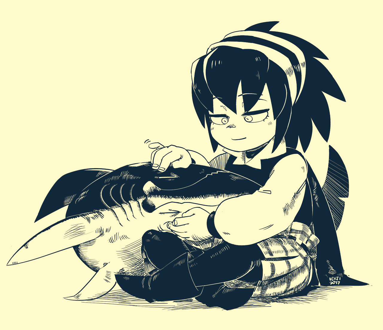 a young girl with long, dark hair and a white headband is sitting on a floor and holding a shark. she is smiling and looking down at the shark. she is wearing a white shirt with a black collar, and a black skirt with a plaid pattern. the shark is black and white, and its fins are pointing up in the air. the background is a light yellow color. the illustration is done in a black and white style.