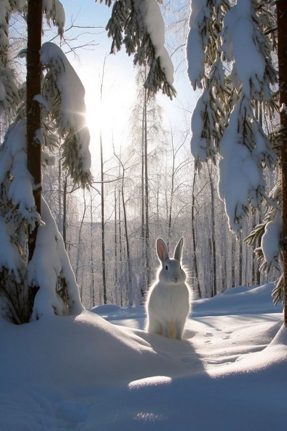 a white rabbit stands in the snow in a winter forest. the sun shines through the trees, creating a bright spot on the rabbit. the trees are covered in snow.