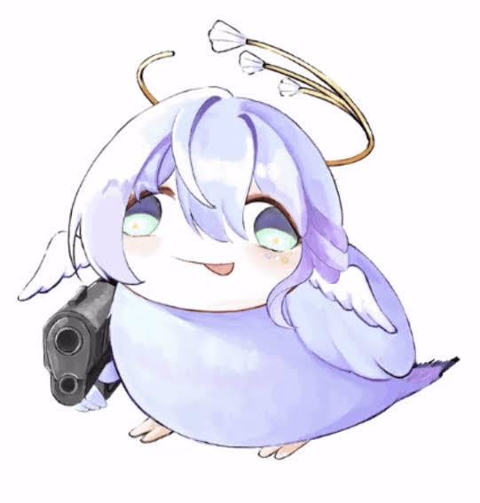the image is a digital illustration of a cute, chibistyle anime girl. she has pale purple hair, large round eyes, and a cheerful expression. she's depicted as a birdlike creature with fluffy wings and a halo, holding a handgun. the overall style is pastel and soft, emphasizing the character's cuteness and slightly mischievous nature.  the contrast of the innocent appearance with the weapon creates a humorous effect.