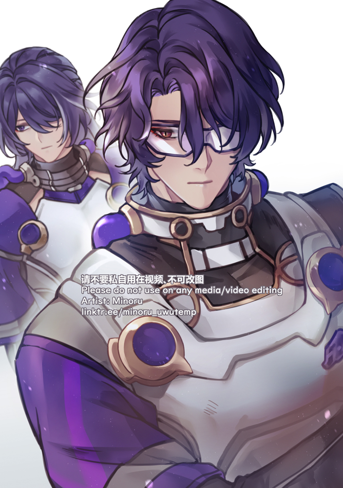 the image is a digital art piece featuring two anime male characters. the one in the foreground is wearing a white and purple armor with gold accents, with purple hair and glasses, and a serious expression.  the character in the background is also wearing similar armor and is purple haired. the image has a purple and white color palette and a fantasy theme. the artist's watermark is at the bottom of the image.