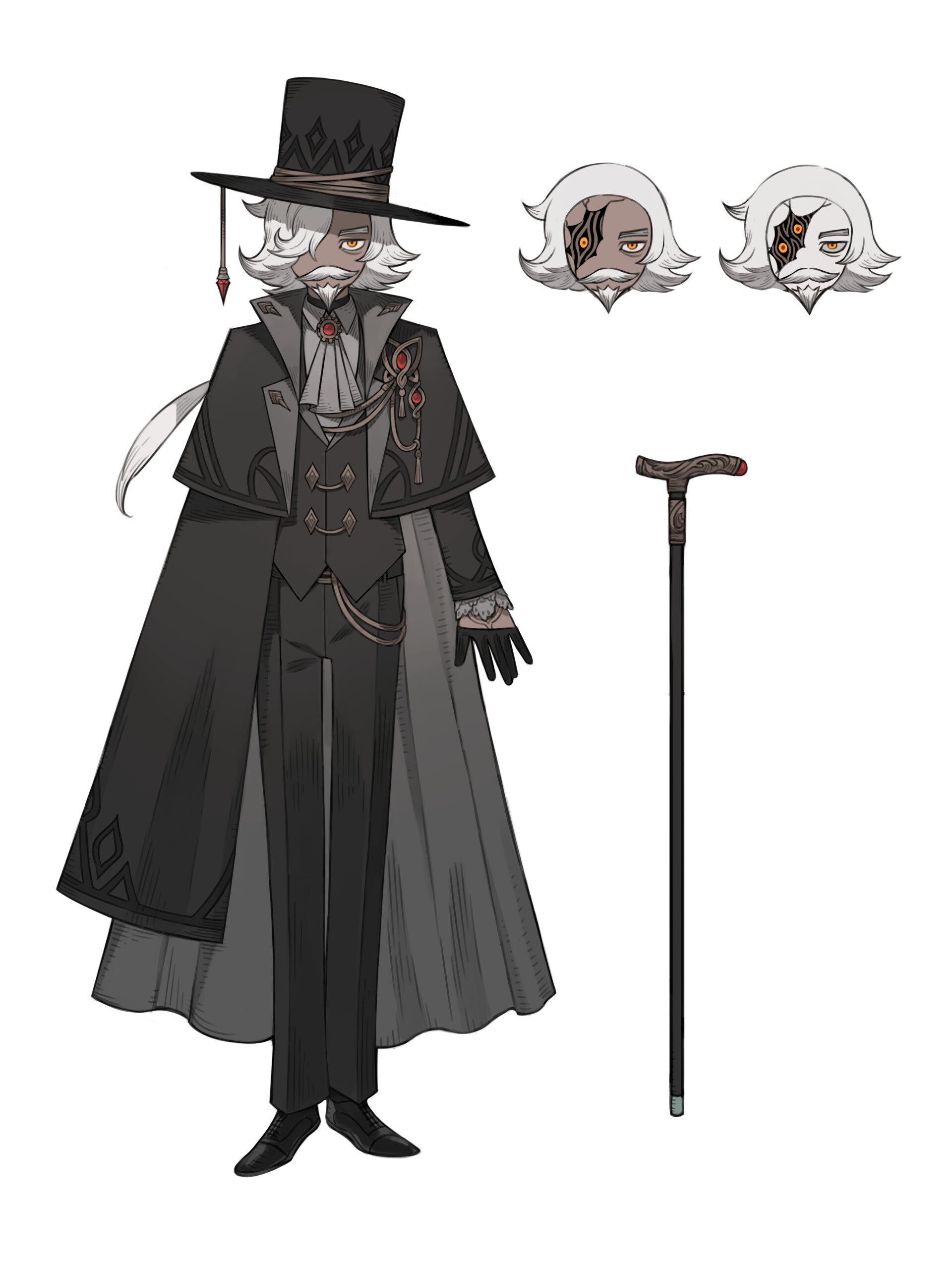 a digital illustration of a character concept design. a paleskinned man with long white hair and a long white beard is shown wearing a black top hat, a long black coat, a black vest, a white undershirt with a cravat, black pants and black shoes. he has decorative red details on his clothing and his walking cane. he is holding black gloves in his left hand. the image also includes two headshots of the character's face.