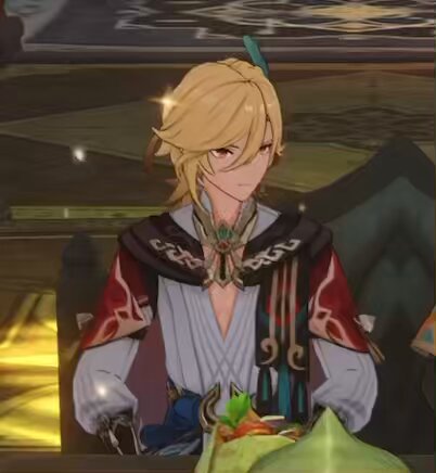 a male anime character with blonde hair and green eyes is sitting at a table. he is wearing a red jacket, blue scarf, and white shirt. he is also wearing a green ornament around his neck. he has his hand on the table and appears to be looking at something.  he is eating food.  there is a plate of food on the table in front of him. he is sitting at the table, looking at something. it looks like it could be a game or anime screen. he is likely a character from the video game genshin impact.