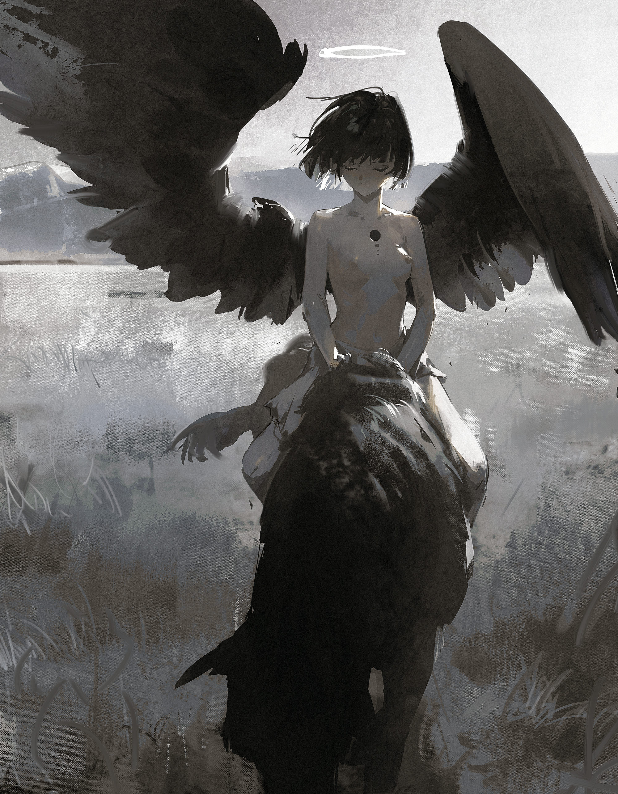 this is a digital illustration of a female anime character with dark wings, a halo, and a long black skirt, standing on a dark horse. the background is a blurry gray landscape. the image is in a dark and moody style.