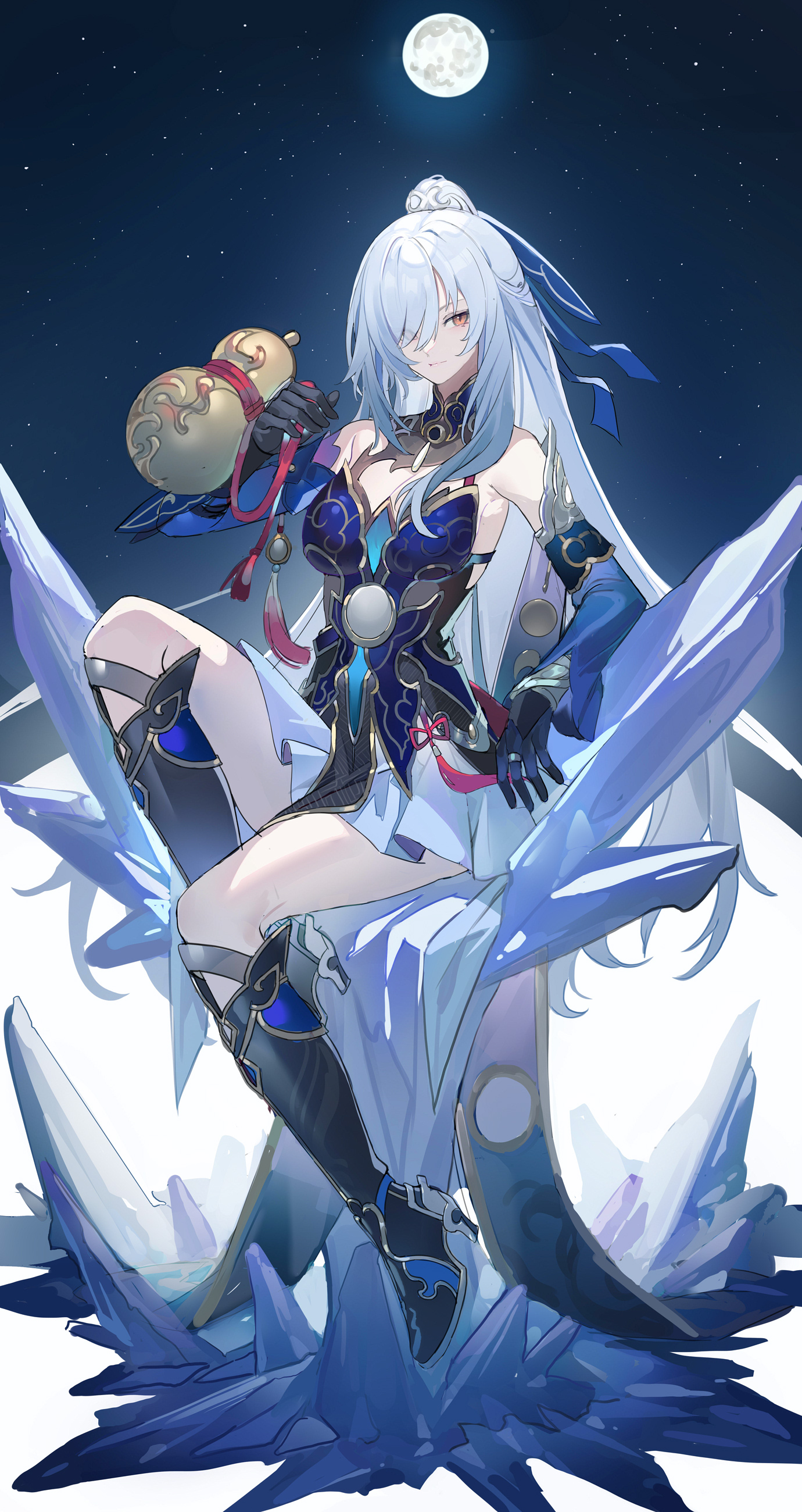 the image is a digital illustration of shenhe, a character from the video game genshin impact. she is a young woman with long white hair and blue eyes, dressed in a blue and white outfit. she is sitting on a formation of ice crystals, holding a gourd in her right hand. the background is a night sky with a full moon and twinkling stars. the image is lit by the moonlight, creating a mystical and ethereal atmosphere.