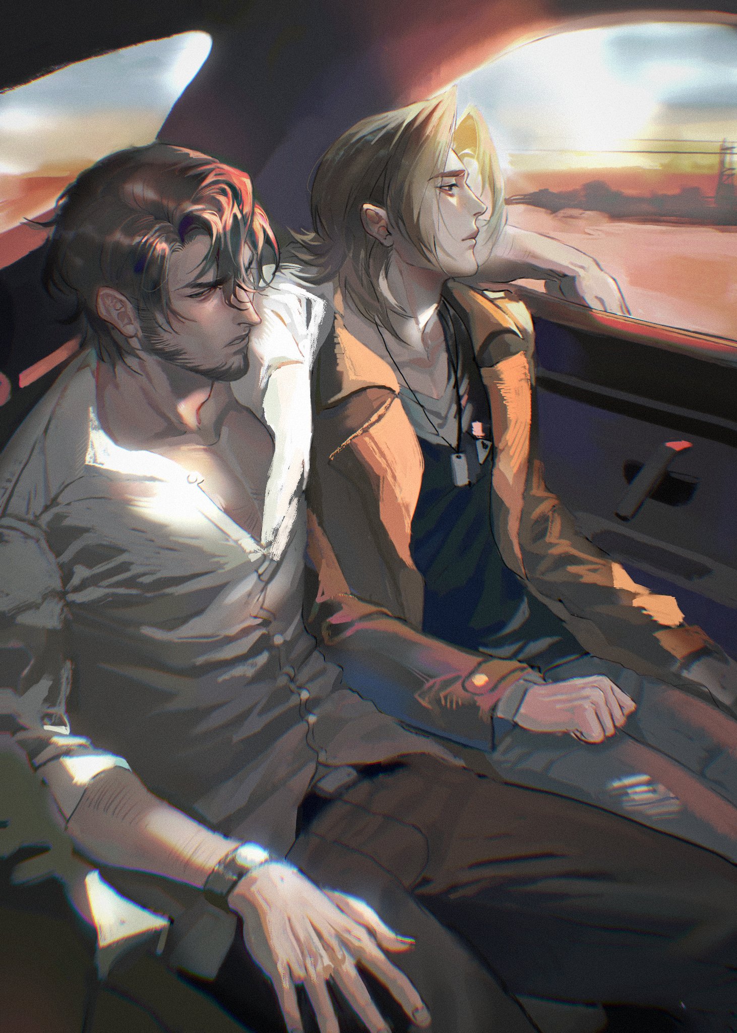 the artwork features two anime male characters sitting in the front seats of a car. the character in the passenger seat is a man with black hair who is wearing a white shirt and brown pants. he has a serious expression on his face and he is looking straight ahead, and his hand is resting on the other character's lap. the other character has blond hair and is wearing a brown jacket and jeans. his back is to the viewer and he is looking out the window. the background is a blurry view of a desert city at sunset. the two characters look like they are friends who are taking a road trip together.