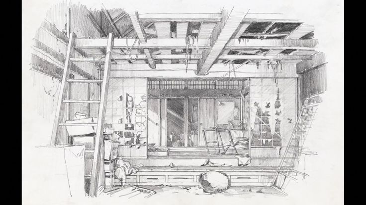 a pencil sketch of an abandoned room interior, showing a wooden ladder, scattered debris, and a boardedup doorway.  the perspective points toward the entryway at the back, which is partially open. the ceiling is damaged with exposed beams.  overall the image has a rough and sketchy aesthetic, conveying a sense of neglect and decay.