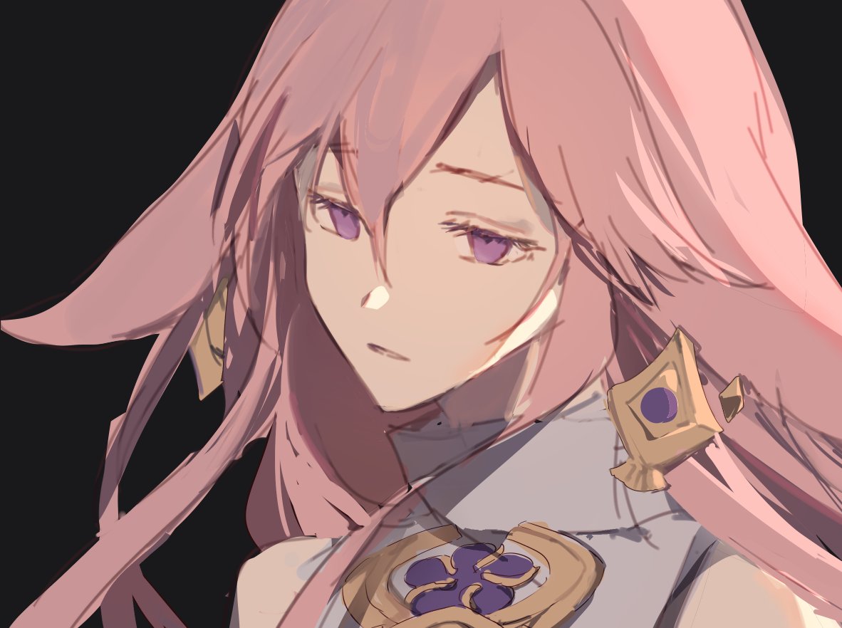 this is a closeup portrait of a beautiful anime girl with long, flowing pink hair and purple eyes. she is wearing a white dress with a purple and gold design. she looks sad and is looking down. the artwork is very detailed and the colors are soft and muted.