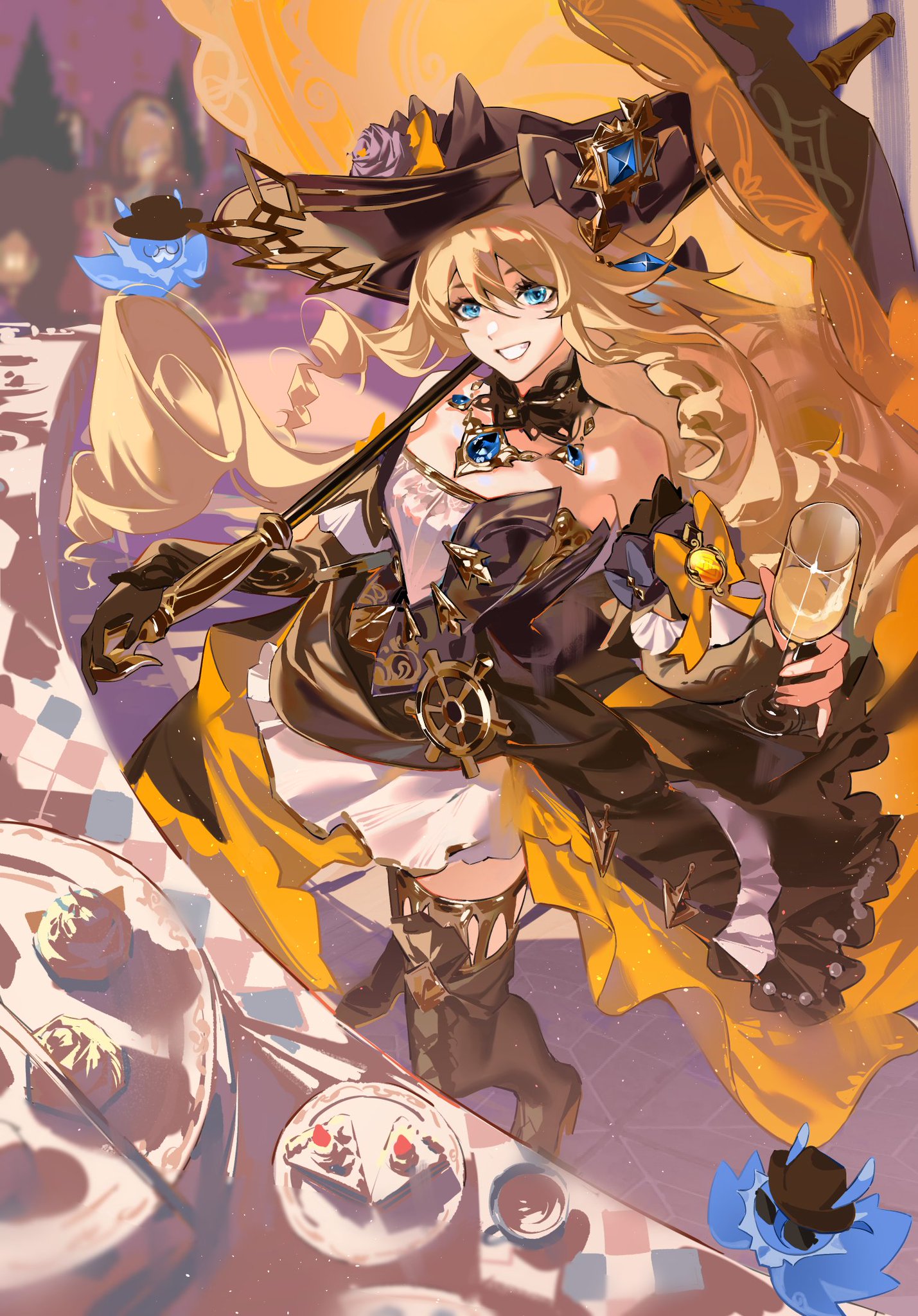 a blondehaired anime girl with blue eyes and a witch hat is standing at a table in a cafe. she's dressed in a yellow and black dress with a blue bow and holding a glass of champagne. the table is set with a teacup and a plate of cake. there are blue butterflies flying around. the scene is bathed in a soft, warm light.