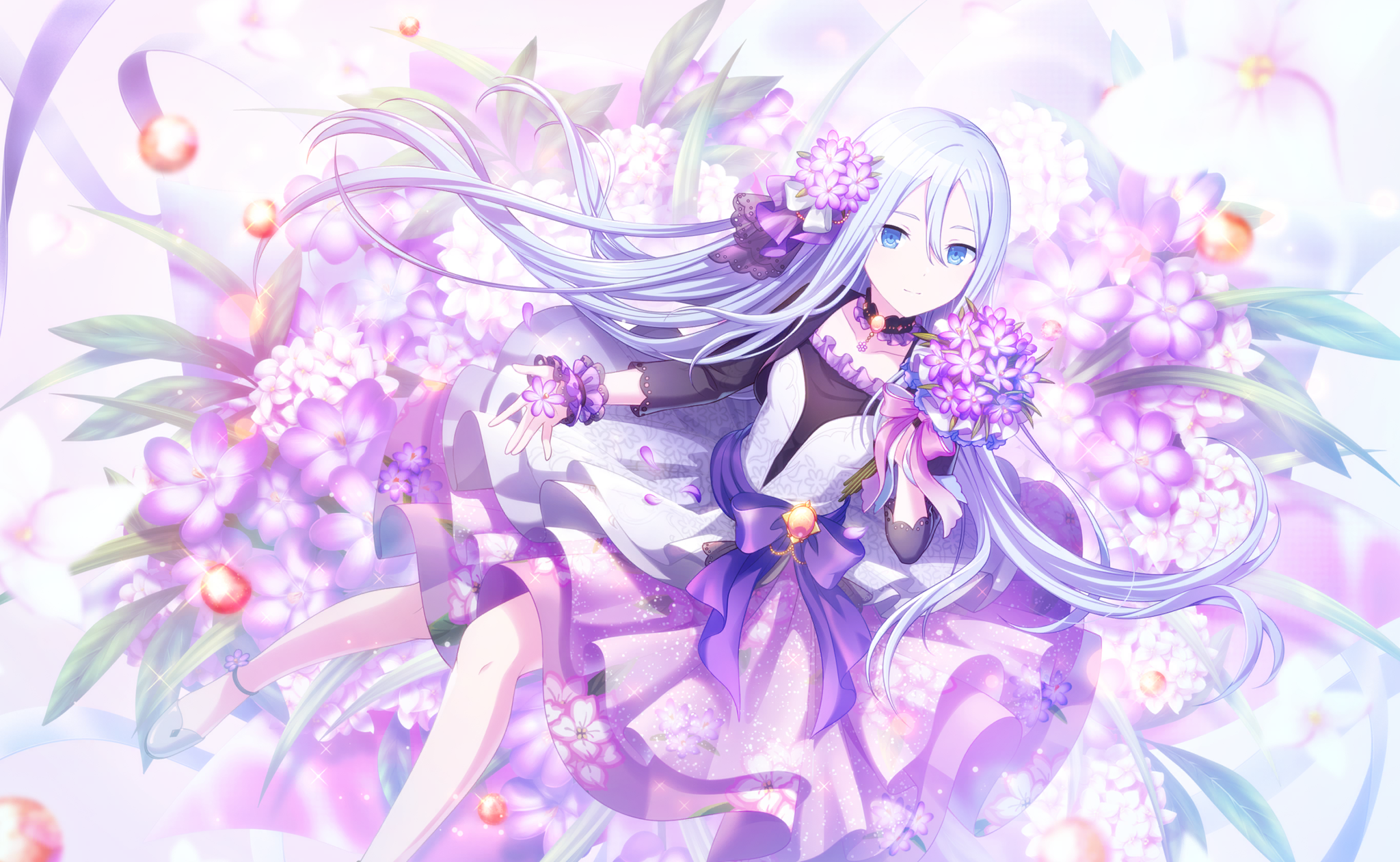 an animestyle illustration features a girl with long, flowing white hair and striking blue eyes. she is surrounded by an abundance of purple flowers, and she is wearing a delicate dress adorned with similar floral patterns. a large purple ribbon is tied around her waist, and she holds a bouquet of purple flowers. the scene is bright and dreamy, with a fantasylike quality, enhanced by sparkling accents and soft lighting. the girl also wears a necklace and has flower decorations in her hair and on her wrist.