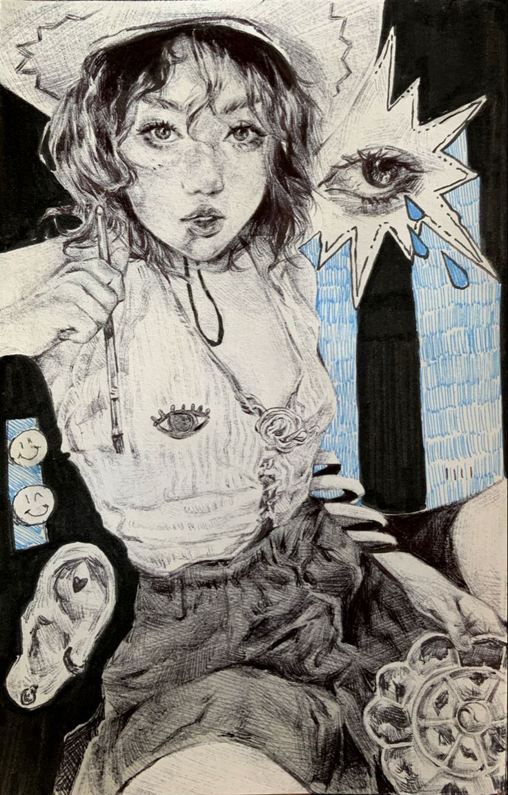 a detailed black and white drawing of a young woman wearing a cowboy hat. the style is expressive and slightly surreal, incorporating other elements like a crying eye and a decorative gear. the overall impression is one of a creative and unique artistic vision. the drawing is done with pencil and ink, showing a varied texture and attention to detail in the clothing, hair, and facial features of the woman. the background incorporates elements of blue and black, creating contrast.  the artwork appears to be an original piece of art.