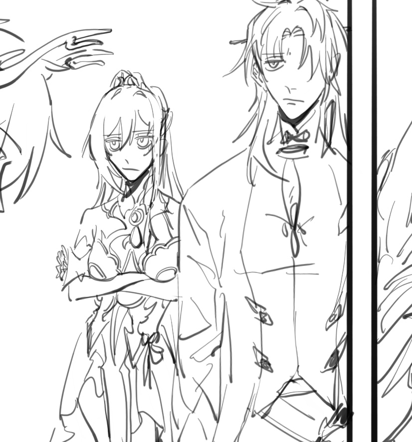 this is a black and white sketch of two anime characters, a girl and a boy. the girl is standing with her arms crossed, and the boy is standing behind her, looking at her. the girl has long, flowing hair and is wearing a dress. the boy has short hair and is wearing a buttonup shirt. they appear to be a couple.