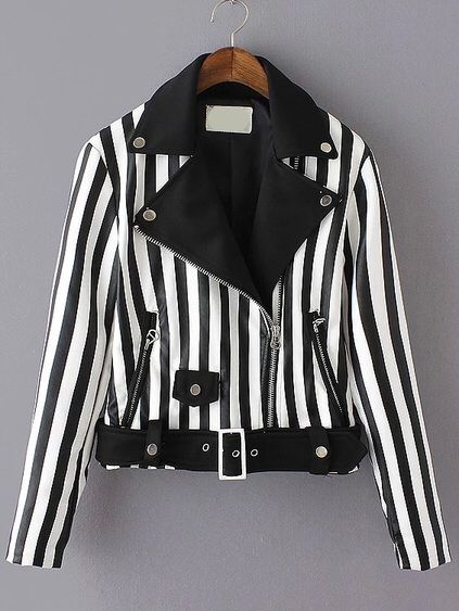 a black and white striped leather motorcycle jacket is hanging on a wooden hanger against a gray background. the jacket has an asymmetrical zipper closure, a black collar, and a black belt with a white buckle. the jacket also has zipper pockets on the front and a small pocket with a button on the left breast.