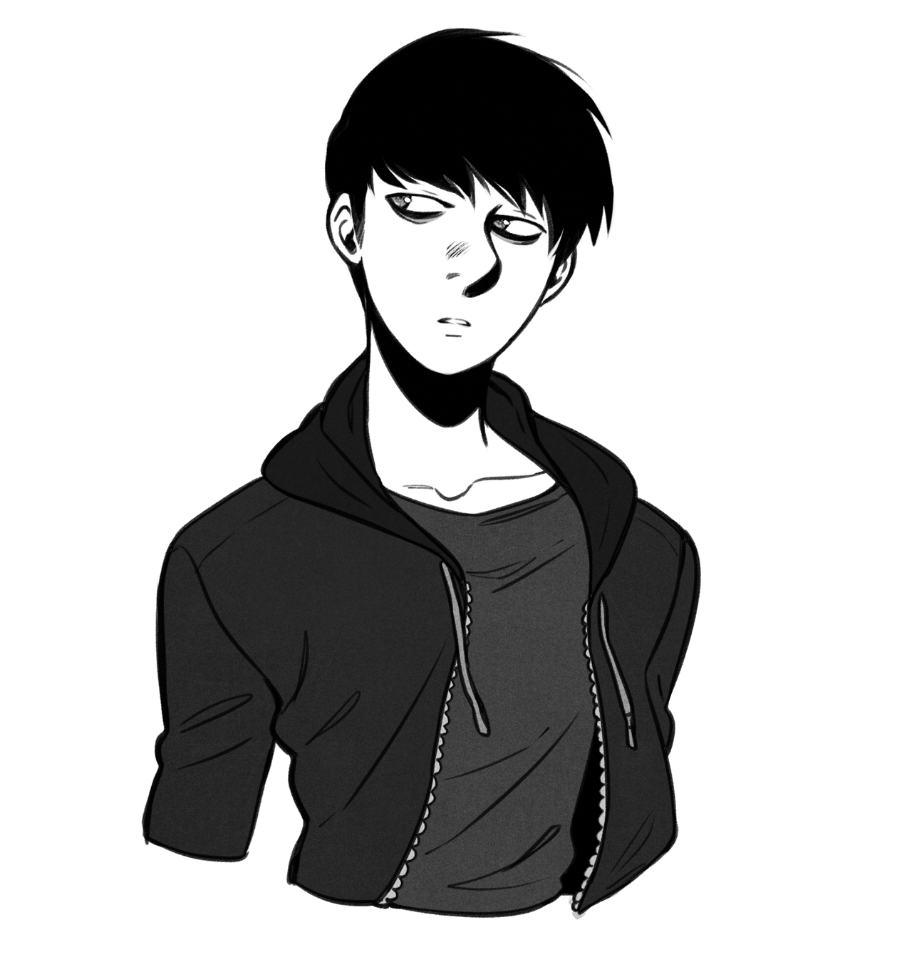 a black and white, mangastyle drawing of a young man with short, dark hair and a neutral expression. he's wearing a hoodie over a tshirt. the drawing style is sketchy with visible linework and shading.