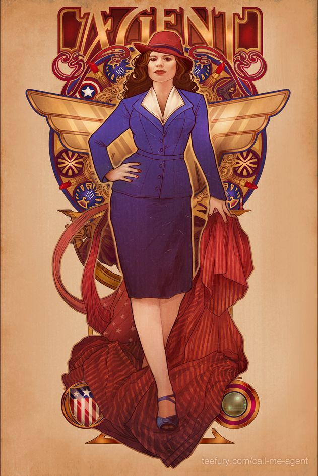 an art deco style illustration of agent peggy carter in her signature blue suit and red hat. she stands in front of a gold wing emblem with patriotic imagery, holding a red cloak. the word "agent" is displayed prominently above her. the style is reminiscent of vintage posters with a touch of superhero aesthetics.