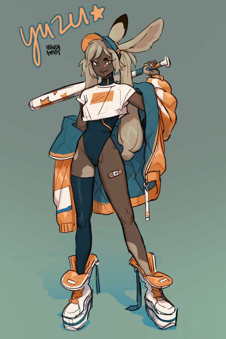 this is a digital illustration of an anime character in a sporty outfit. she has bunny ears and is holding a baseball bat. she is wearing a blue and orange jacket, a white shirt, blue pants, and platform sneakers. the background is green.