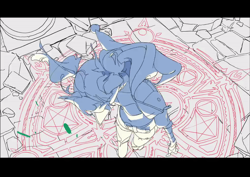 this is an anime character design sketch. it's a drawing of a girl in a dynamic pose, surrounded by a large magical circle. the art style is dynamic and expressive, with loose lines and a sense of energy. the character appears to be using magic or some kind of energy. this sketch is likely a preliminary step in the creation of a larger piece of artwork.