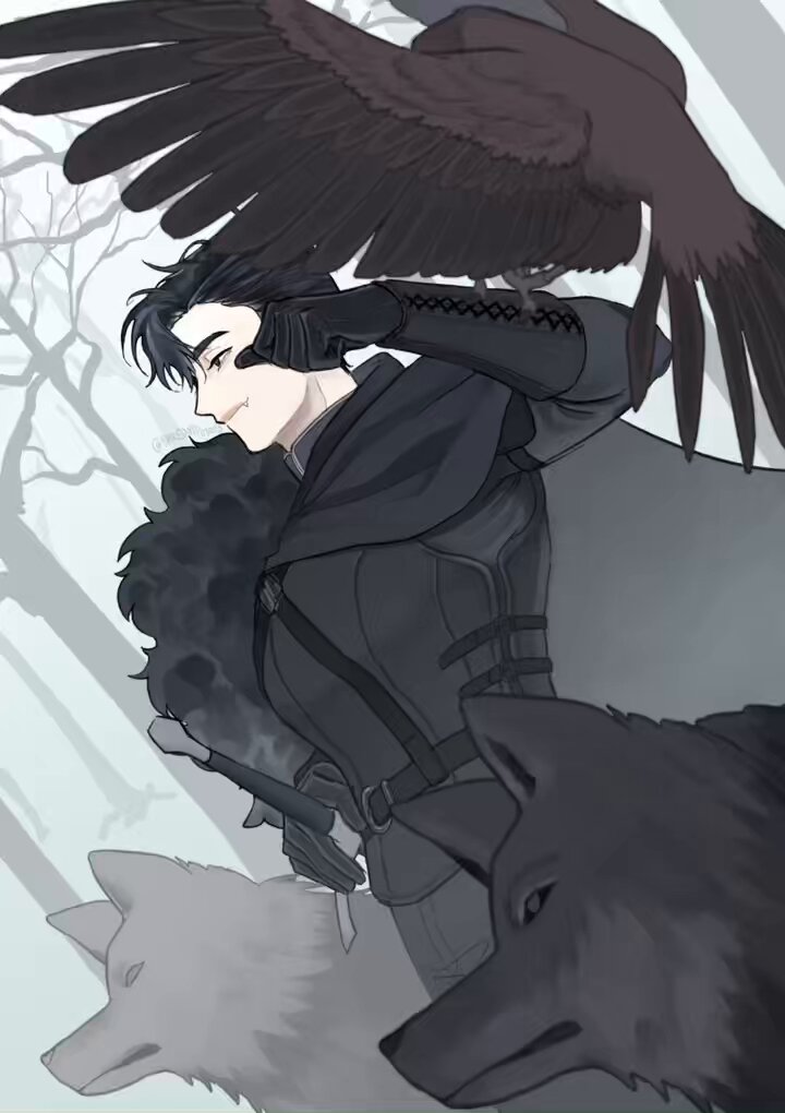 an anime male character with raven black hair and eyes stands in a wintery forest, he is clothed in black leather armor and a dark hooded cloak, he has a sword in his hand and a raven and a direwolf by his side. the scene is painted in shades of gray, white, and black.