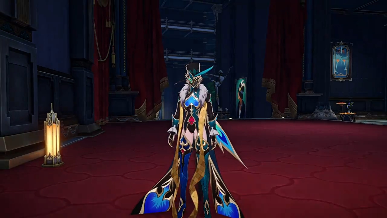 a female video game character in a blue and gold fantasy armor, holding a sword and magic, is standing in a room with a red floor. the room is welllit, with golden pillars and red curtains. there is also a statue of a woman in the background.
