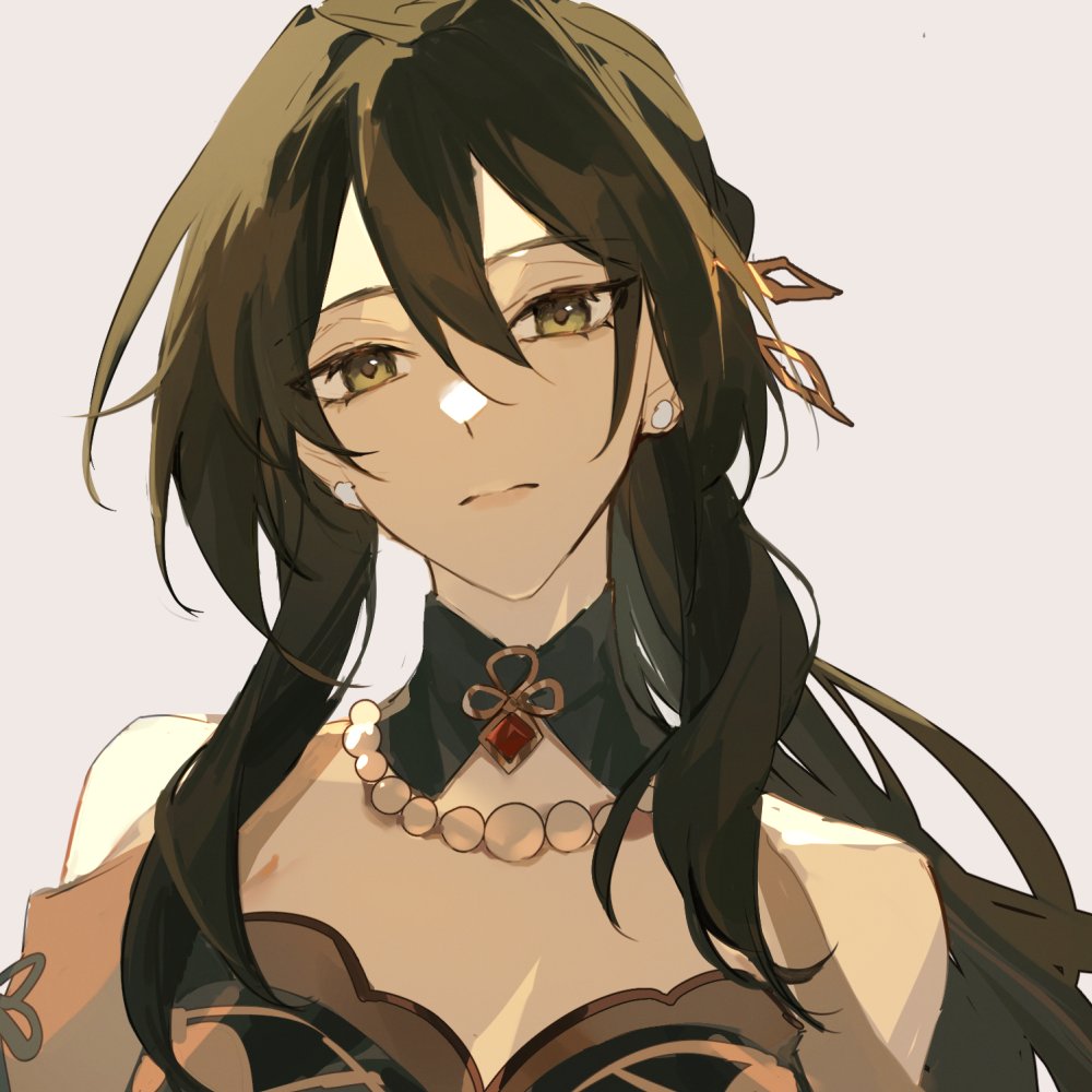 a digital illustration of a beautiful anime girl with long brown hair and green eyes. she is wearing a choker necklace with a red gem. she is looking at the viewer and seems to be in a thoughtful mood. the background is a simple light grey, which makes the girl stand out. the art style is very detailed and realistic.
