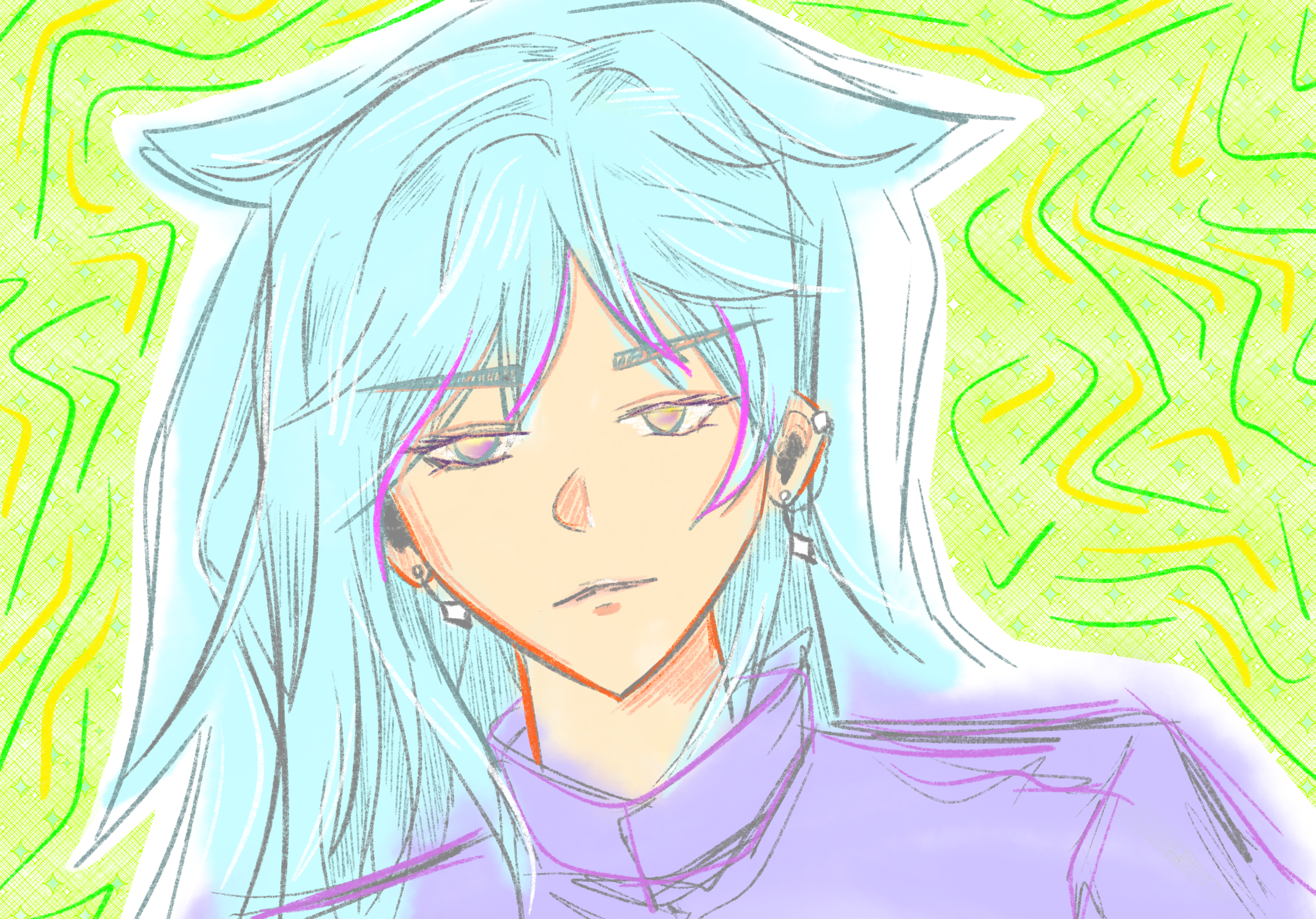 a drawing of an anime boy with long, flowing blue hair and cat ears. he has a neutral expression and wears a purple shirt. the background is a vibrant green abstract pattern.