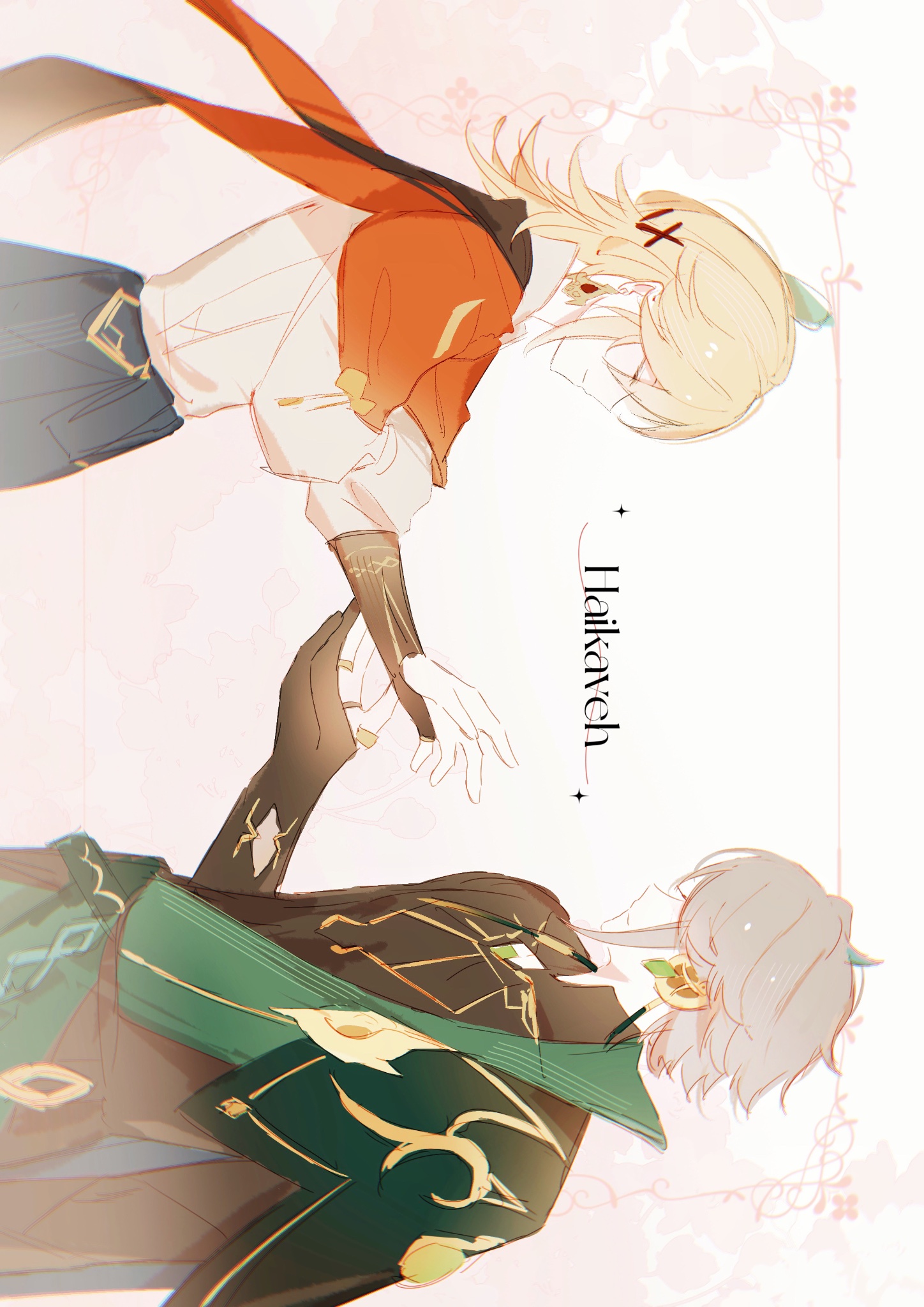 this is a digital art drawing of two anime male characters.  one is blonde haired and wearing a red and white outfit,  the other has grey hair and is wearing a black and green outfit. they are reaching towards each other with their hands and the blonde haired character is looking at the other character. the background is pink with a design of flowers and the text “hai kaven”  is in the middle of the image.