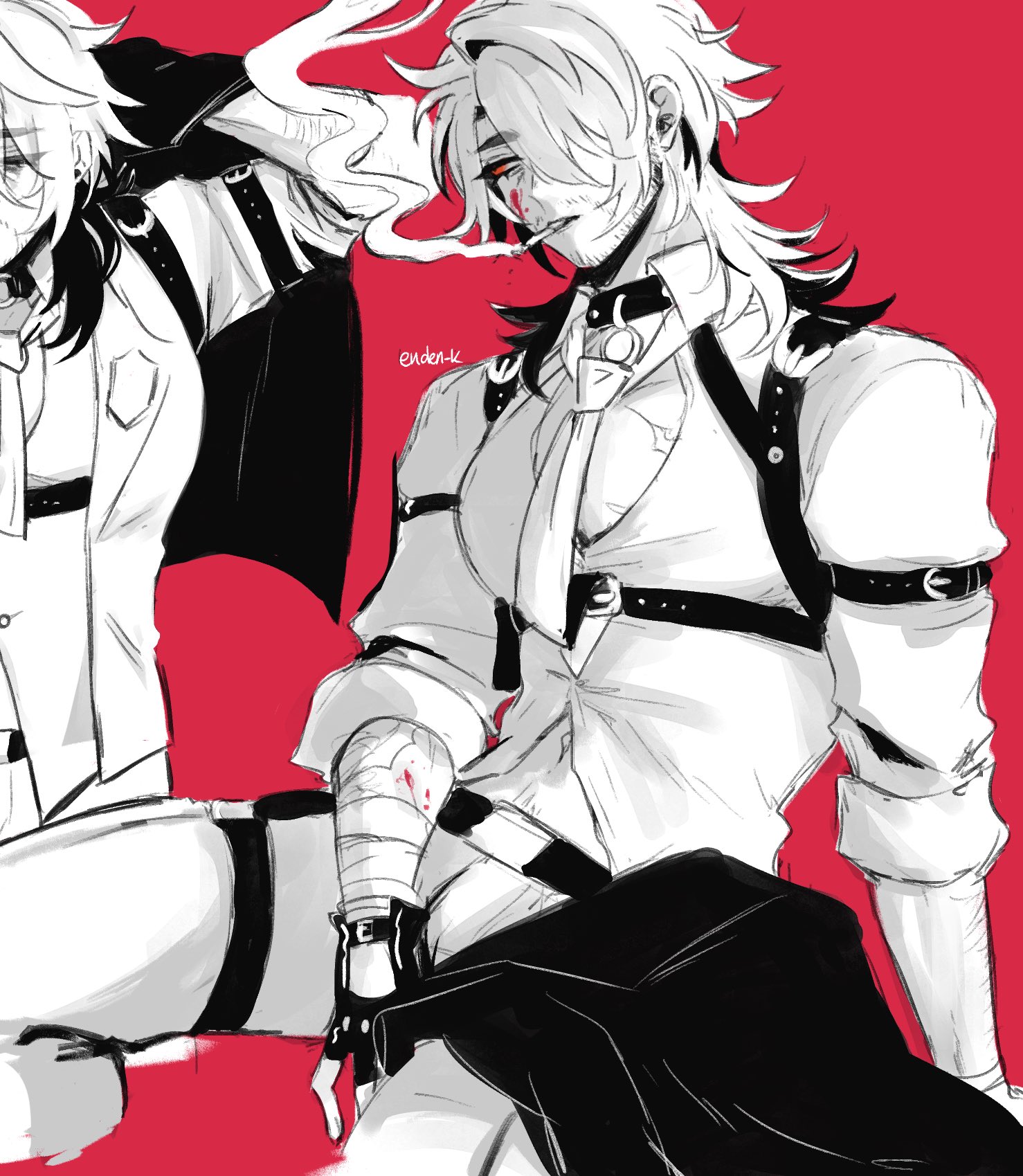 the image is an anime/manga style drawing of two male characters. the character in the foreground is wearing a white shirt with a black tie, a black leather jacket, and black leather straps. he has white hair,  and he is smoking a cigarette. the character in the background is partially visible and wearing a white shirt, black tie, and black jacket. the background is a solid red color. the image is drawn in a cool, stylish, and edgy style.