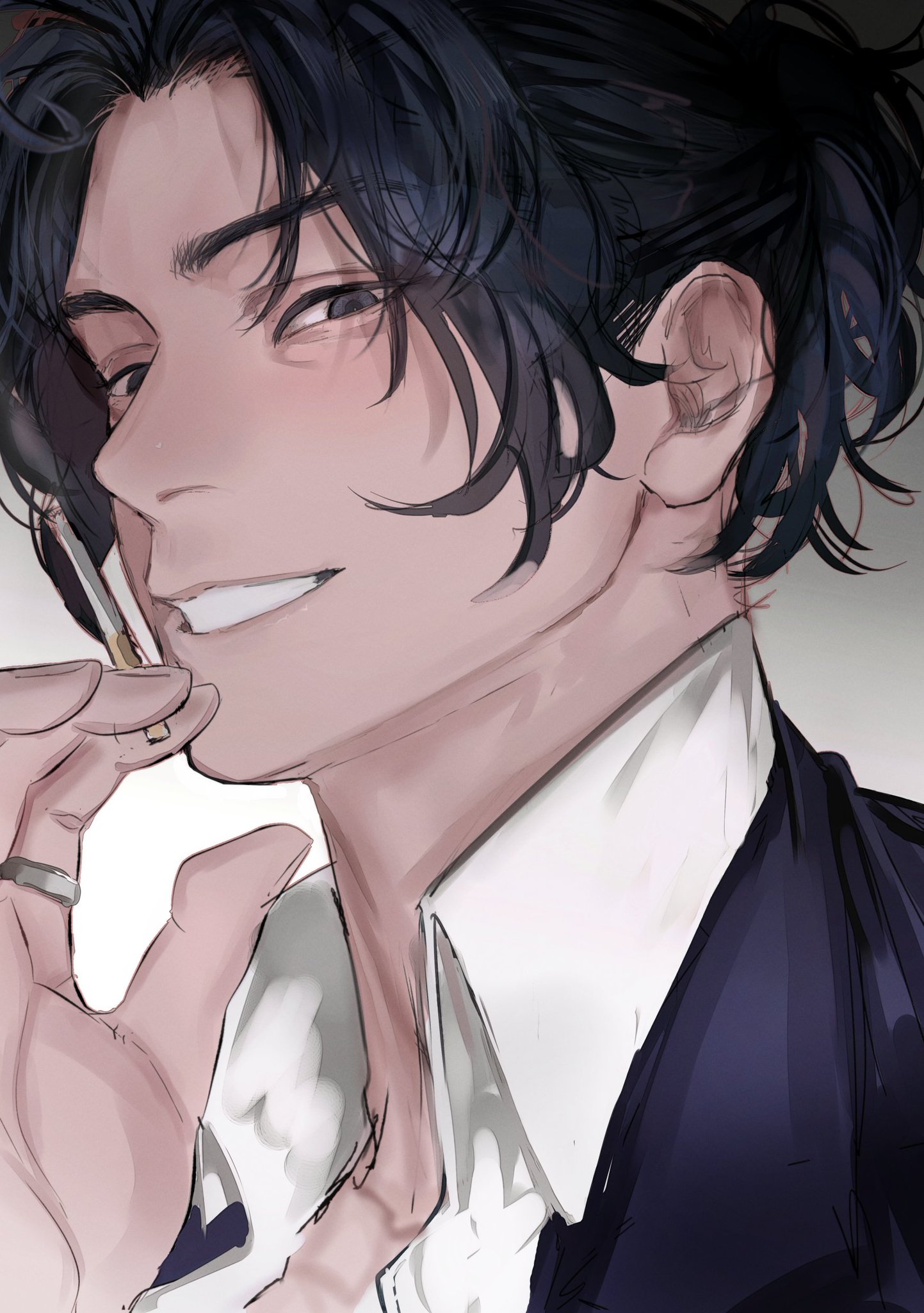 a closeup portrait of an anime man with black hair, stylishly dressed in a white shirt and a dark suit jacket. he is smiling slightly and holding a cigarette in his hand, looking thoughtful and relaxed. the image is drawn in a realistic style, and the man's facial features are rendered with great detail. he has soft brown eyes and a charming smile. his hair is styled in a low ponytail, and he is wearing a tie pin on his tie. overall, the image evokes a sense of cool confidence and mystery.