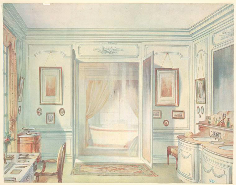a watercolor painting depicts a luxurious bathroom interior. the room is adorned with paneled walls, ornate moldings, and decorative details. a doorway opens to reveal a bathtub behind a sheer curtain. to the left, a desk and chair are positioned near a window with draped curtains. the opposite side features a vanity with a mirror and various accessories. several pictures and portraits hang on the walls, adding to the room's refined aesthetic. a rug lies on the floor, completing the opulent scene.