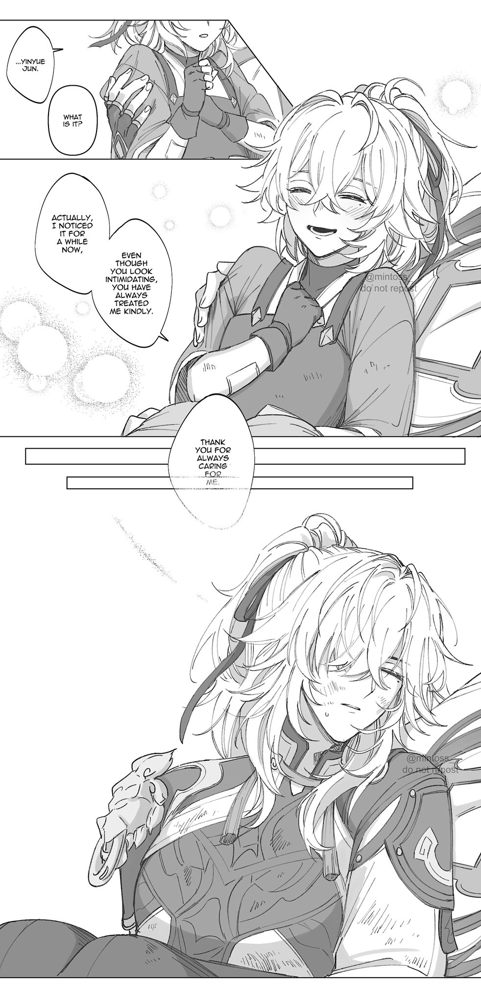 this is a black and white manga page. the image depicts two girls, one with white hair and the other with blonde hair. the girl with white hair is smiling and hugging the other girl, who appears to be blushing and looking down. the girl with white hair is saying "thank you for always caring for me," and the girl with blonde hair is saying "even though you look intimidating, you have always treated me kindly." the image suggests a close relationship between the two girls, possibly a romantic relationship.
