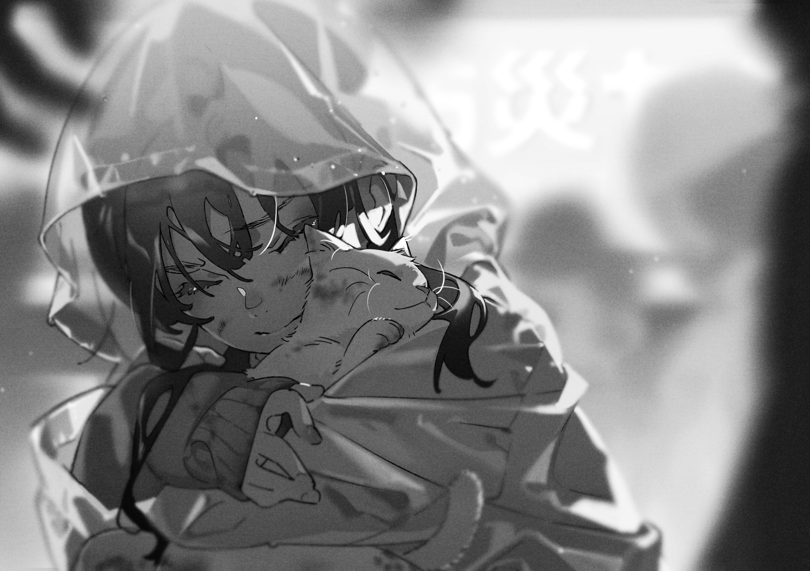 a young anime girl in a translucent raincoat hugs a cat tightly. her eyes are closed, her expression suggesting sadness. the image is rendered in grayscale, with a blurred background that emphasizes the rain.