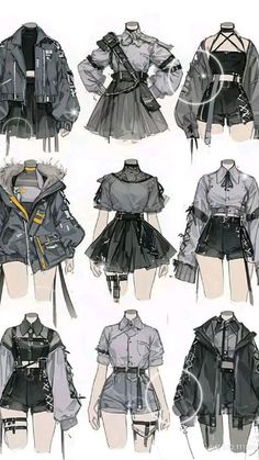 the image showcases nine different fashion illustrations of female figures, each sporting unique and stylish outfits. the illustrations are detailed, capturing different clothing styles and accessories.