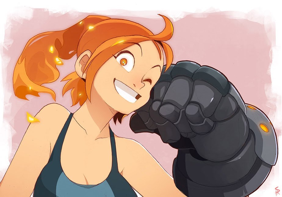 the image features a cheerful, stylized woman with bright orange hair pulled back in a high ponytail. she is winking and grinning broadly while giving a fist bump to a large, armored robotic hand. the background is a soft pink, contributing to the overall lighthearted and energetic feel.