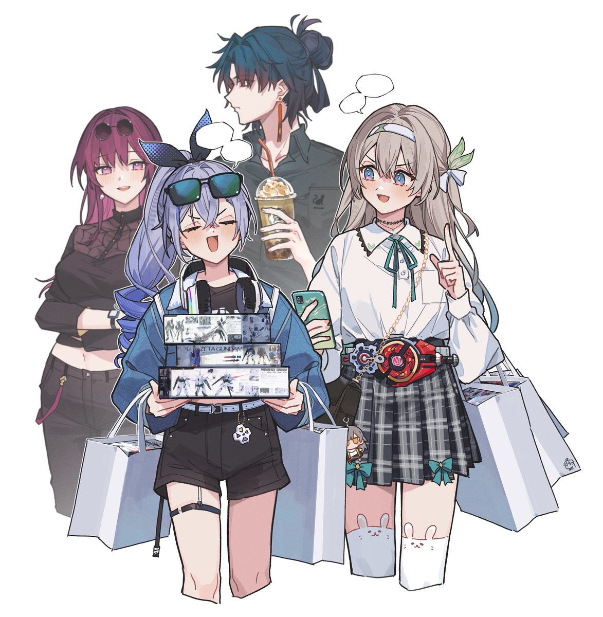 an anime drawing of four girls dressed in casual clothing shopping with bags. the girl in the center is holding a stack of boxes, the girl on the right is pointing at something in the air, and the girls on the left are holding bags and looking down. they all look happy and excited about their shopping trip.