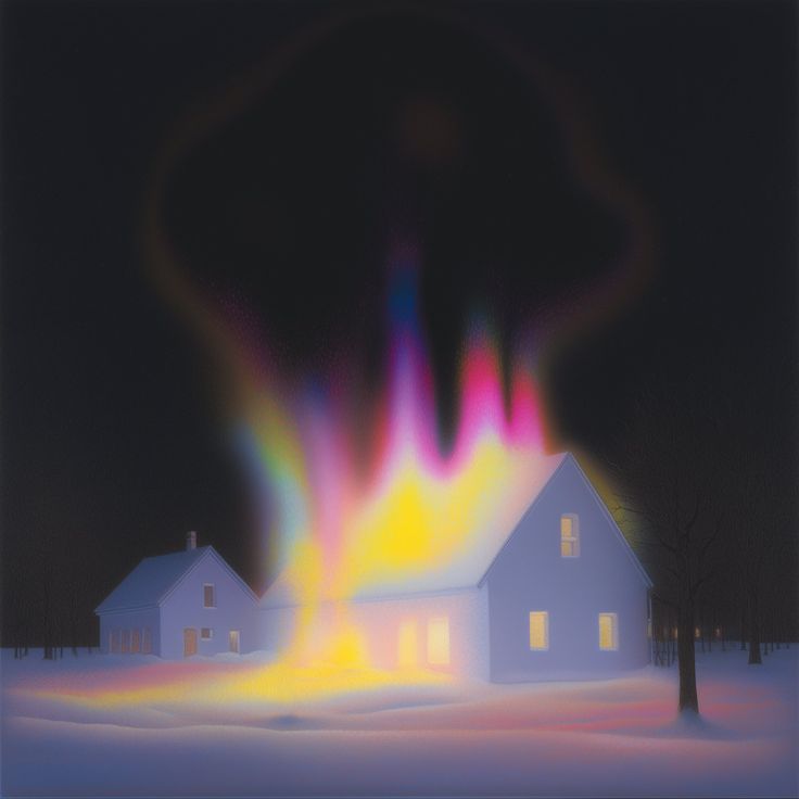 a surreal painting depicts two houses in a snowy winter landscape at night. the primary house is illuminated by vibrant, colorful lights resembling the aurora borealis, with colors of yellow, pink, blue, and purple emanating from it and reaching into the dark sky. a secondary house is visible to the left. bare trees dot the landscape. the overall scene is dark, but the houses and snow glow with an otherworldly light.